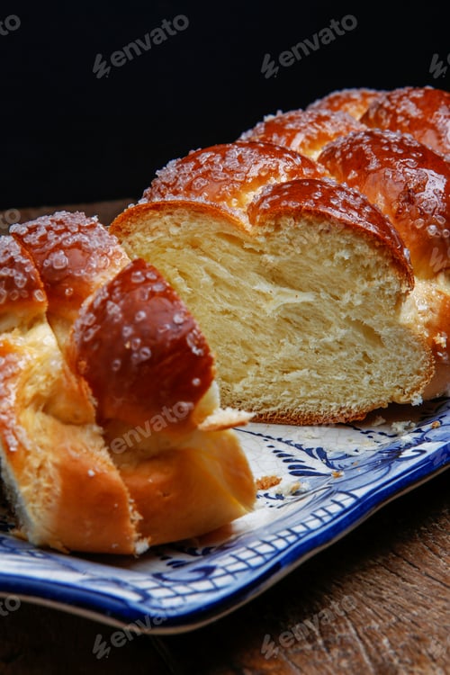 Preview: Sweet Twist Bread, Typical Of Brazilian Bakery, On Dish Decorated In Blue In Rustic Wooden Table