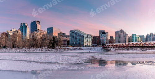 Preview: Evening Skyline View Along The Bow River In Calgary, Alberta. Peace Bridge Visible.