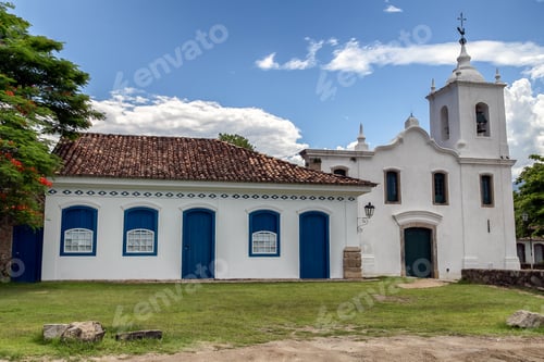 Preview: An Old Village With Its Houses In The Colonial Style. Blue Doors. Historical City.
