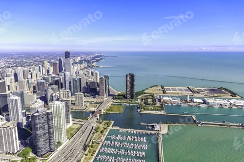 Preview: Chicago Skyline Panorama Aerial View With Skyscrapers And City Skyline At Michigan Lakefront