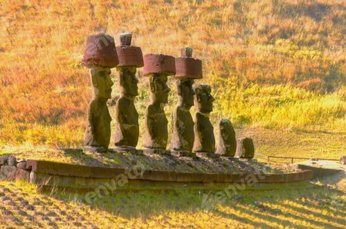 Preview: Moai Statues Wear Pukaos At Anakena Beach On Easter Island In Chile