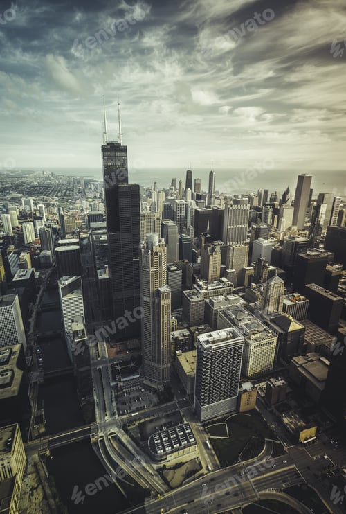 Preview: Chicago Skyline Aerial View With Downtown Skyscrapers, Vintage Colors
