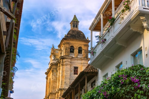 Preview: View Of Historic San Claver Church In Colonial Balconies In Cartagena, Colombia
