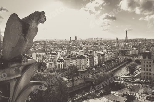 Preview: Gargoyle From Notre Dame Cathedral Overlooking The Cit Of Paris With A Vintage Retro Tone Effect