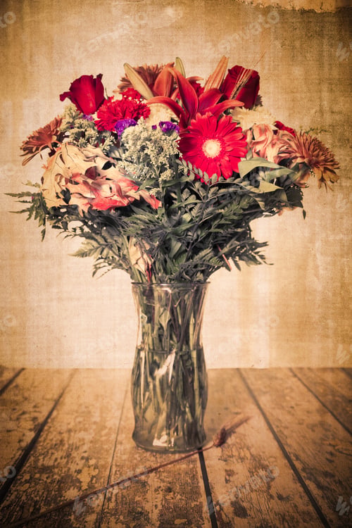 Preview: Bouquet Of Autumn Flowers With Vintage Texture Effect