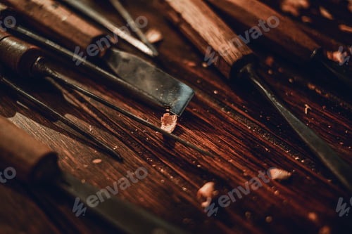 Preview: Woodworking And Crafts Tools. Carpentry Hand Tools On A Workbench. Chisels, Measuring Tools. Wooden