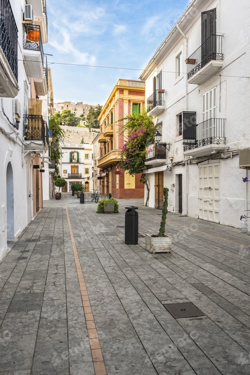 Preview: Typical Street In Old Town Of Ibiza, Balearic Islands, Spain. Morning Light. Wide Angle