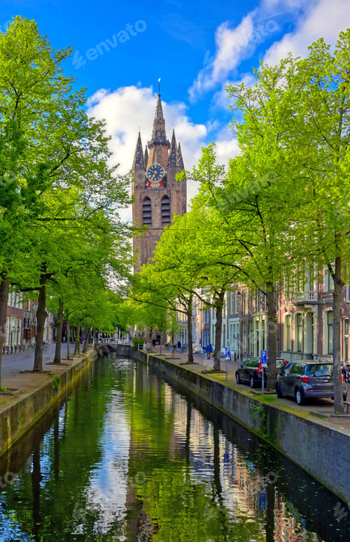 Preview: The Canals And Waterways In The City Of Delft In The Netherlands On A Sunny Day.