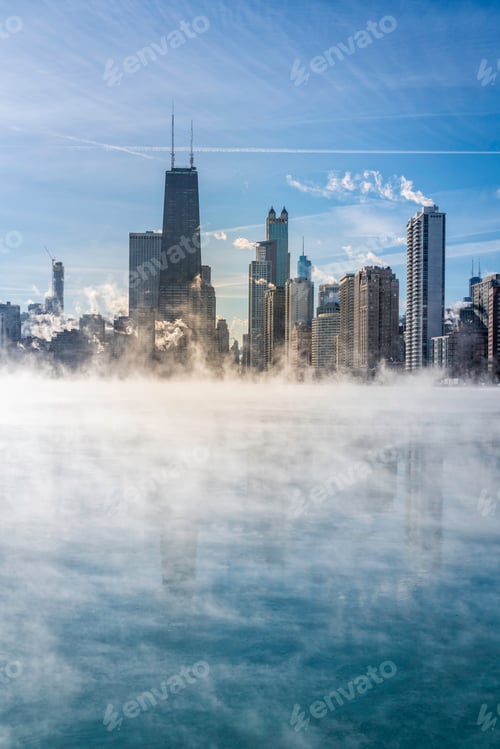 Preview: Downtown Chicago With Winter Fog On Lake Michigan. Polar Vortex