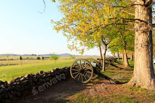 Preview: Color Dslr Stock Image Of A Row Of Civil War Cannons And A Stone Wall In A Field At Gettysburg