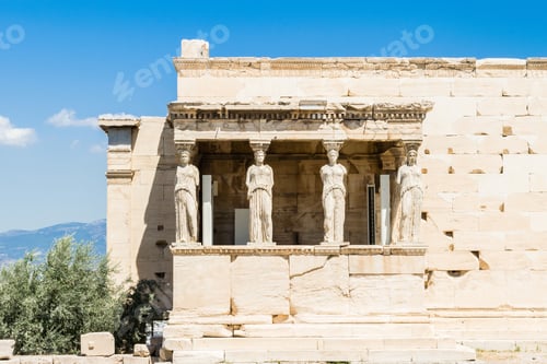 Preview: Acropolis Of Athens, Erechtheion With Athena Porch And Statues Of Female Form, Under A Blue Sky