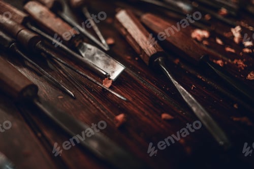 Preview: Woodworking And Crafts Tools. Carpentry Hand Tools On A Workbench. Chisels, Measuring Tools. Wooden