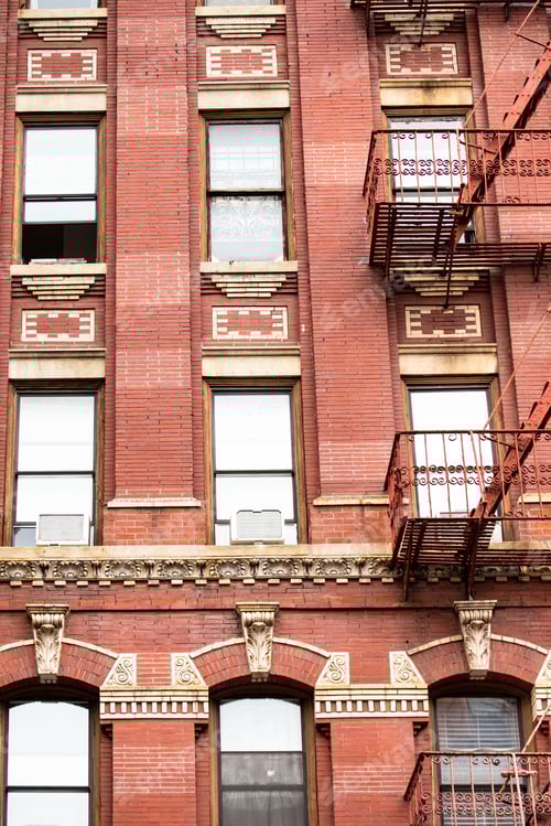 Preview: Architectural Details On Vintage Brick Apartment Building With Fire Escape In New York City