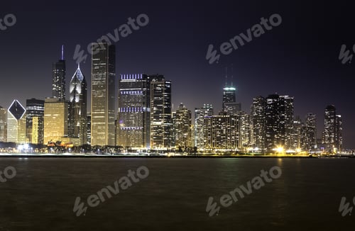 Preview: Chicago Skyline By Night Illuminated By Financial Buildings