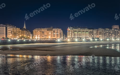 Preview: San Sebastian Skyline At Night, Spain. View From The Beach