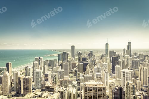 Preview: Downtown Of Chicago Aerial View Against Blue Sky