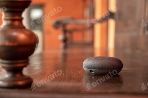 Preview: Close Up Of Voice Controlled Smart Speaker. Smart Home Concept On Vintage Home