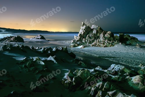 Preview: A Night View Of A Rocky Beach. Stars In The Sky. City Lights In The Background. Long Exposure. A