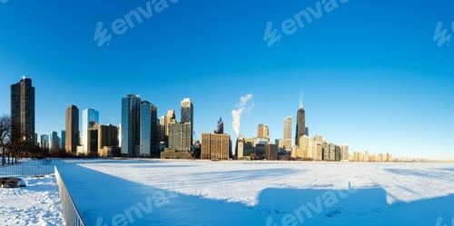 Preview: Panoramic View Of Downtown Chicago With Frozen Lake Michigan In The Foreground