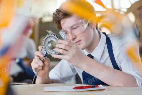 Preview: High School Student Measuring Cog With Calipers In Shop Class