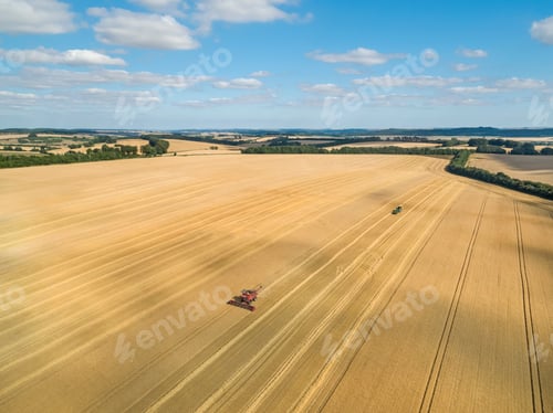 Preview: Harvest Aerial Of Combine Harvester Cutting Summer Barley Field Crop With Tractor Trailer Under