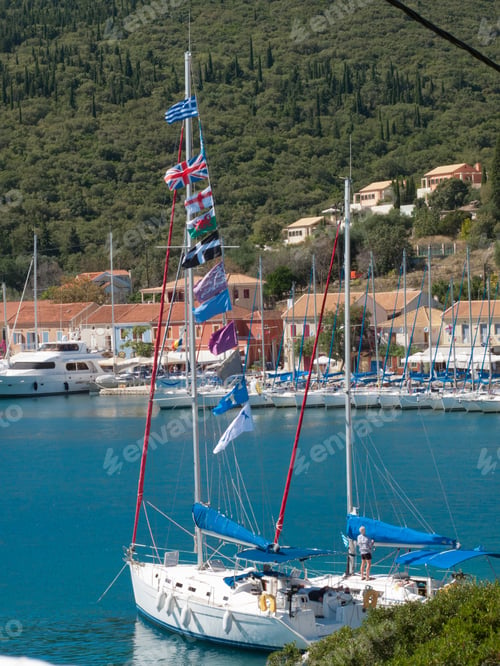 Preview: Greece, Kefalonia, Fiskardo, View Of Yachts And Sunny Coastal Harbour