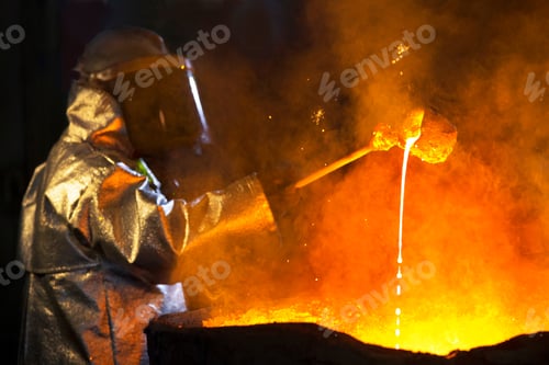 Preview: Worker In Protective Clothing Checking Molten Metal In Foundry