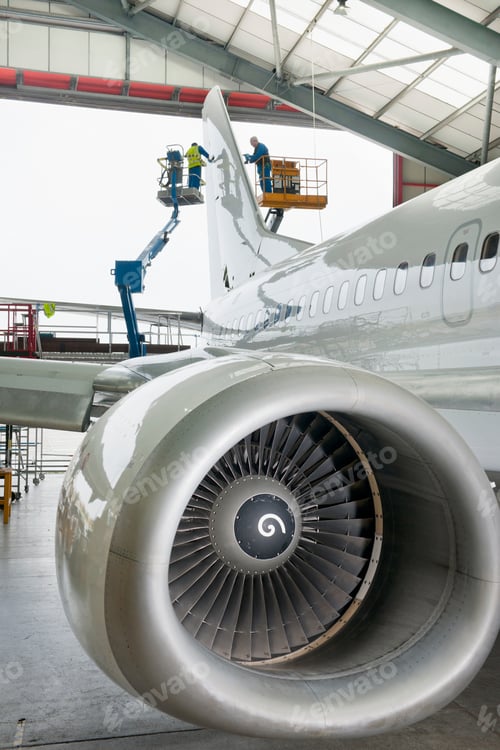 Preview: Vertical Wide Shot Of Engineers On Hydraulic Lifts Inspecting The Tail Of A Passenger Jet At A