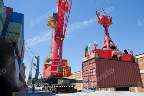 Preview: Huge Crane Unloading Containers From The Cargo Ships And Placing Them On The Ground