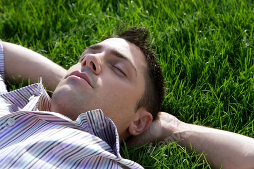 Preview: Man Lying On Grass, Hands Behind Head, Eyes Closed, Close-Up