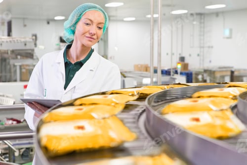 Preview: Quality Control Worker With Digital Tablet Examining Cheese At Production Line In Processing Plant