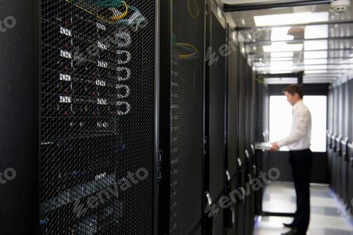Preview: Close Up Shot Of A Server Cabinet With A Technician Working In The Background.