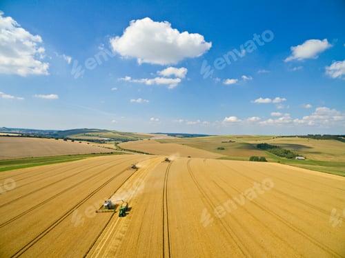 Preview: Scenic Aerial Landscape View Of Combine Harvester Filling Tractor Trailer In A Sunny Golden Barley
