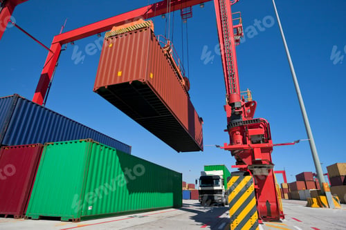 Preview: Gantry Crane Loading Cargo Container On A Stack Of Cargos In A Dockyard