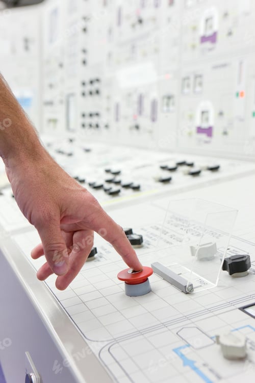 Preview: Vertical Close-Up Shot Of A Hand Pushing A Red Emergency Button On The Control Panel.