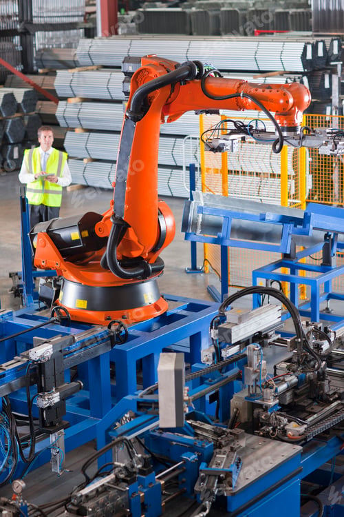 Preview: Vertical Shot Of Worker Controlling Robotic Machinery Lifting Steel Fencing In Manufacturing Plant