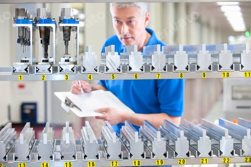 Preview: Male Technician Writing On A Clipboard While Checking Machine Parts In An Inventory Shelf At A