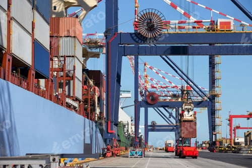 Preview: Extreme Wide Shot Of A Container Ship Unloading Cargo Containers At A Commercial Dock.