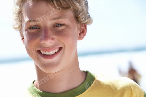 Preview: Healthy Boy Teenager On Summer Vacation Beach Smiling At Camera