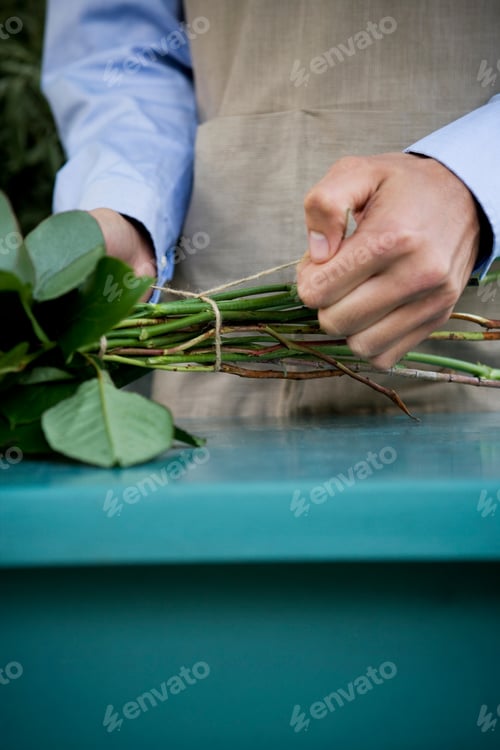 Preview: Male Florist Creating A Bouquet Of Flowers, Tying The Stems
