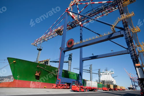 Preview: Low Angle Shot Of A Dockyard With A Huge Ship Anchored Beside Gantry Cranes