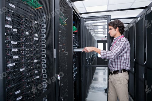 Preview: Medium Shot Of A Young Technician Replacing A Server In The Server Cabinet.
