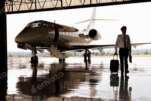 Preview: Silhouette Of Pilot Walking Away From Private Jet In Hangar