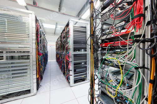 Preview: Wide Shot Of A Server Room At A Data Center With Shelves Fitted With Cables.