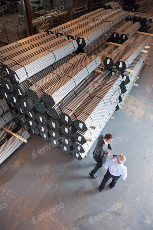 Preview: Top View Of Businessmen Talking Near Steel Tubes In Warehouse