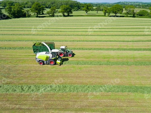 Preview: Aerial View Of Forage Harvester Cutting Grass Silage Crop In Field And Filling Tractor Trailer
