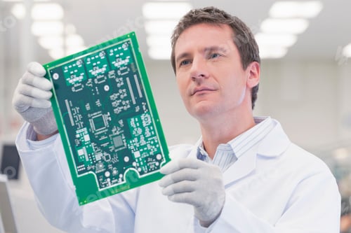 Preview: Close-Up Shot Of Engineer Holding A Printed Circuit Board With The Focus On Engineer In A