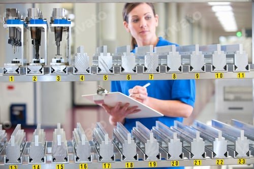 Preview: Female Technician Writing A Note On A Clipboard While Checking Machine Parts In An Inventory Shelf