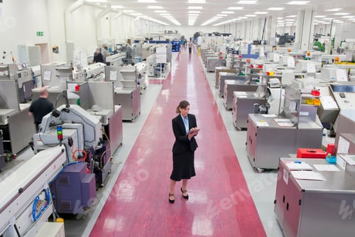 Preview: Wide Shot Of A Formally Dressed Businesswoman Making Notes On A File While Standing In The Aisle Of
