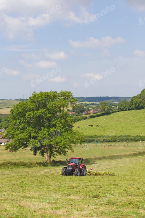 Preview: Vertical Shot Of A Tractor Turning Cut Grass To Dry For Hay